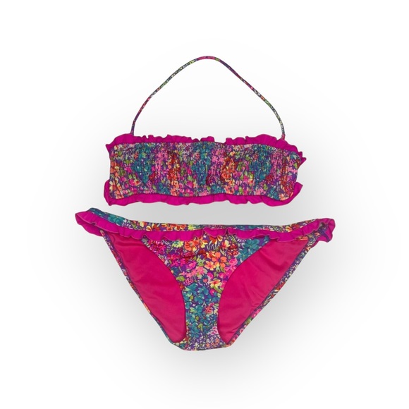 Victoria’s Secret Swim 𑁍 Floral Ruffle Bandeau 2 Piece Bikini Set 𑁍 Fuchsia M - Picture 2 of 16